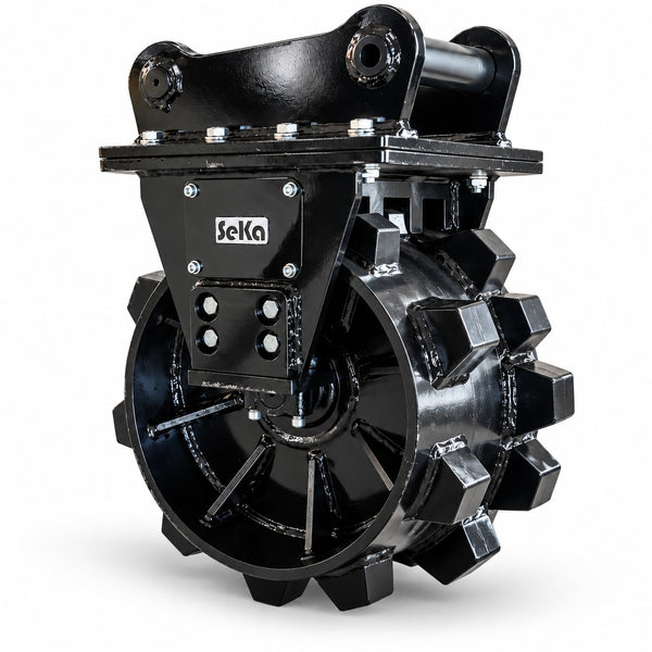 SeKa Verdichterrad MS03 Symlock Dreiviertelansicht – mechanisches Verdichtungsrad 300 mm für Minibagger 2–5 t