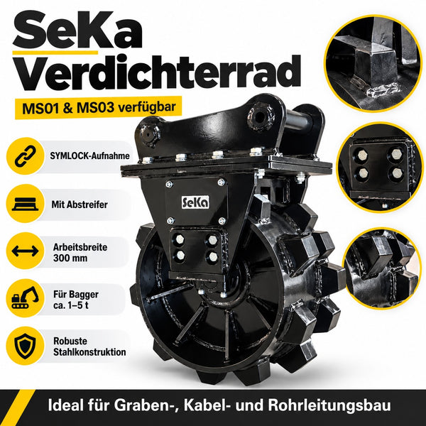 SeKa Verdichterrad 300 mm für Minibagger – MS01 & MS03 Symlock, mit Abstreifer, ohne Hydraulik (Hauptbild mit Features)