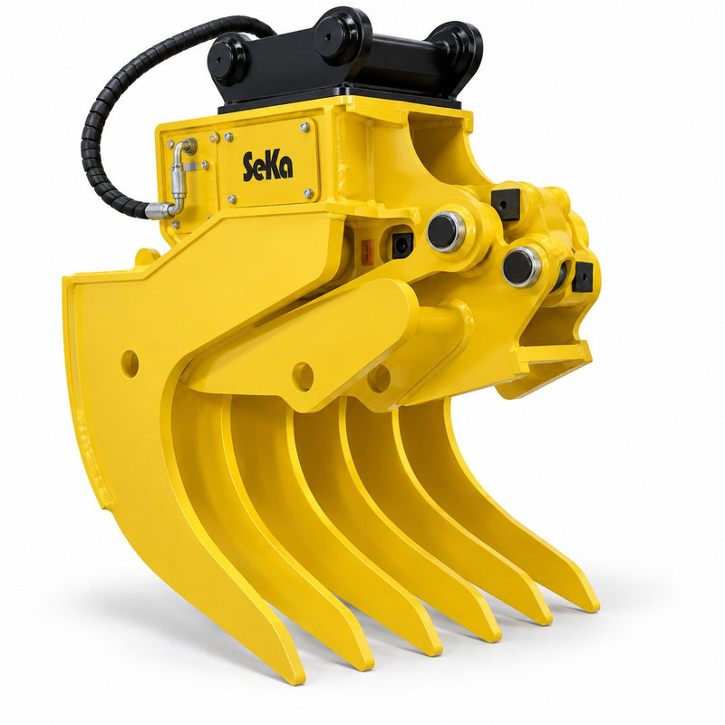 SeKa Greifrechen ELB0030 mit hydraulischem Niederhalter für Minibagger 1–3 t, MS03 Symlock – Dreiviertelansicht, freigestellt