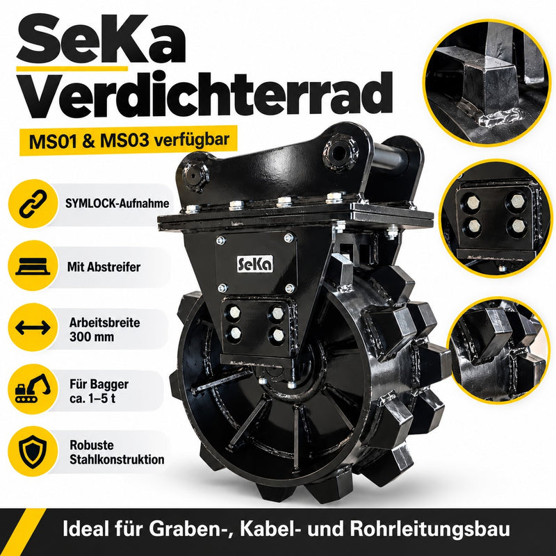 SeKa Verdichterrad 300 mm für Minibagger 2–5 t – MS03 Symlock, mit Abstreifer, ohne Hydraulik (Hauptbild mit Features)